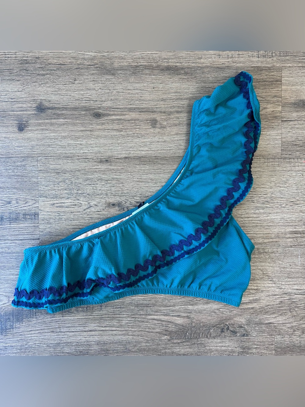 J. Crew|Spicy Jade One-Shoulder Ruffle Swim Top with Navy Ric Rac Trim sz Small